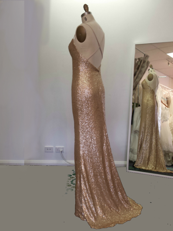 Sequin low back evening dress with modest slit Mon Belle Bridal