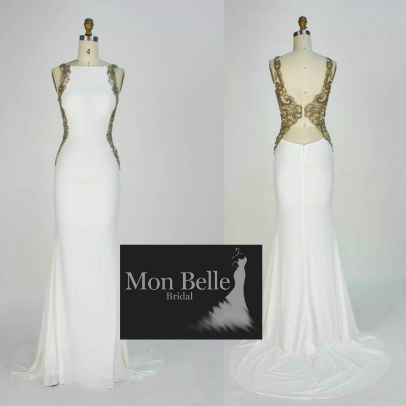 Custom design jersey slimfit evening dress Mon Belle Bridal